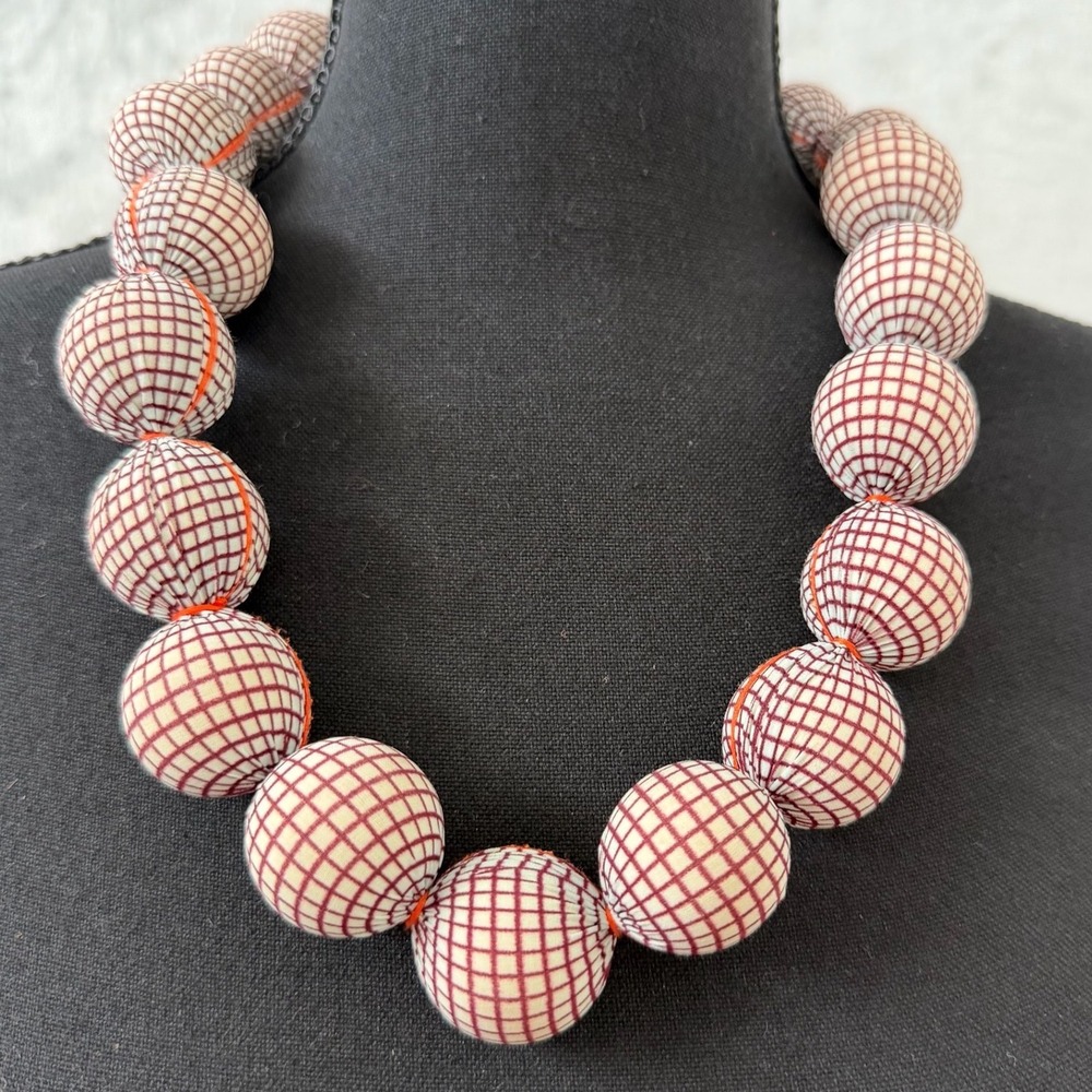 COS Oversized Fabric Bead Statement Necklace Burgundy Check Orange Cord
